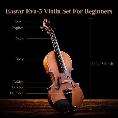 Picture of Eastar 1/4 Violin Set Fiddle for Beginners with Hard Case, Rosin, Shoulder Rest, Bow, and Extra Strings (Imprinted Finger Guide on Fingerboard)， EVA-3