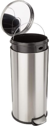 Picture of Ninestars Round Cylindrical Trash Can With Soft-Close Foot Pedal, 30 Liter/7.9 Gallon, Brushed Stainless Steel