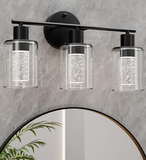 Picture of CEINOL Bathroom Vanity Light with LED Bulbs, Wall Sconce Light Fixture Indoor, Modern Bathroom Lamp Over Mirror Black 3 Light