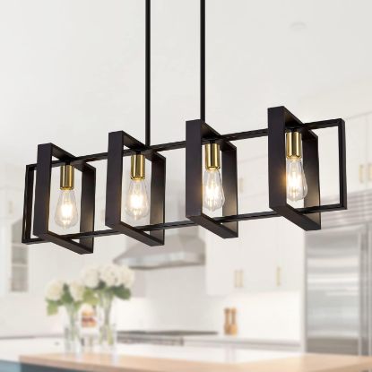 Picture of Poroulux Farmhouse Kitchen Island Lighting Black Chandeliers for Dining Room Wooden Island Lights,Industrial Rectangle Light Fixtures Ceiling Hanging (4 Lights)