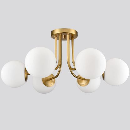 Picture of SHAWNKEY Modern Brushed Brass Gold 6-Light Ceiling Light with Globe White Glass Shade Semi Flush Mount Light Fixture for Dinning Room Foyer Hallway Sputnik Chandeliers