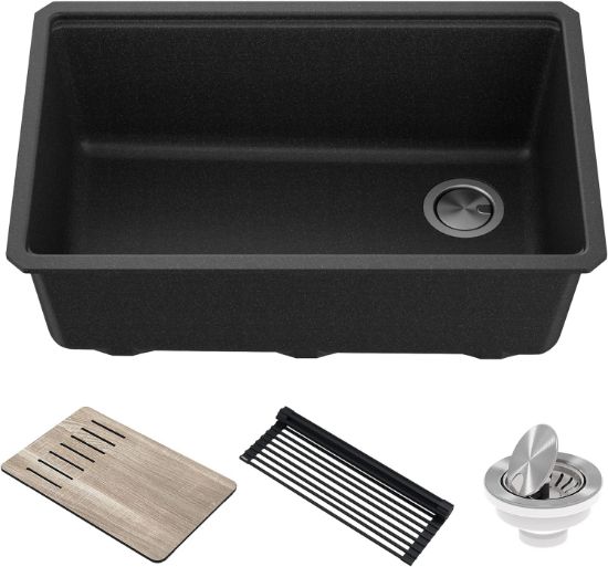 Picture of KRAUS Bellucci Workstation 30-inch Undermount Granite Composite Single Bowl Kitchen Sink in Metallic Black with Accessories