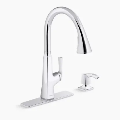 Picture of KOHLER Farland Vibrant Stainless Single Handle Pull-down Kitchen Faucet with Deck Plate and Soap Dispenser Included