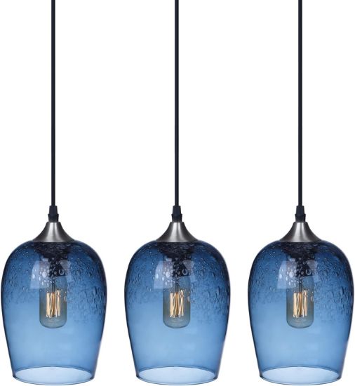 Picture of ARIAMOTION Glass Pendant Lights Kitchen Island Blue Modern Light Fixtures Ceiling Hanging Hand Crafted Art Bubble Teardrop Over Dining Room Table Bathroom 3 Pack 7 Inch H 5.5 Inch Diam