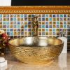 Picture of Gold Bathroom Vessel Sink Luxury Golden Round Bowl and Hand Carved Ceramic Countertop