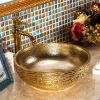 Picture of Gold Bathroom Vessel Sink Luxury Golden Round Bowl and Hand Carved Ceramic Countertop