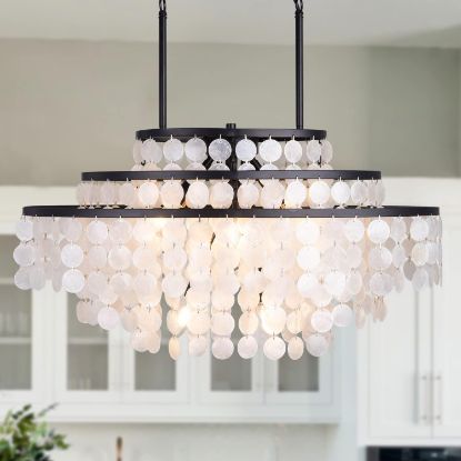 Picture of Wellmet Coastal Capiz Shell Chandelier, 6 Lights Beach Light , Black Oval  30.3" L X 16" W