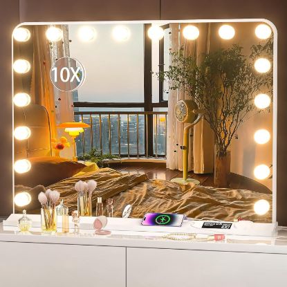 Picture of Vosuja Hollywood Vanity Mirror with Lights, 32" x 24" Make up Mirror with 18 Dimmable Bulbs and 10X Magnification, 3 Colors Modes, Digital Display and Adjustable Time, USB Port, Type-C, White