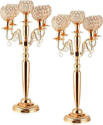 Picture of Tessco 2 Pcs Gold Candelabras Centerpieces 29.5 Inch Tall 5 Arm Crystal Gold Candle Holders