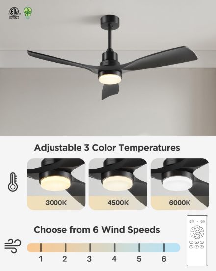 Picture of Indoor/Outdoor 52", 3 Blades Ceiling Fans with Lights and Remote, Modern Noiseless Reversible DC Motor, Wood Fan for Farmhouse